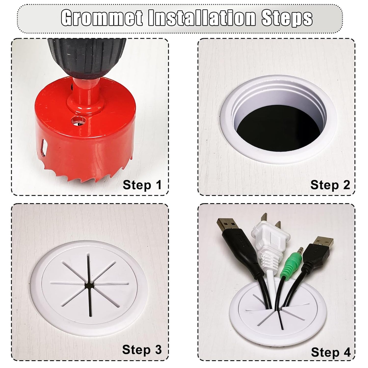 6PCS Desk Grommet, 2 Inch(50mm) Cable Hole Cover for Office and Home Table, Desktop Wiring Management and Protection (White, 6pc)