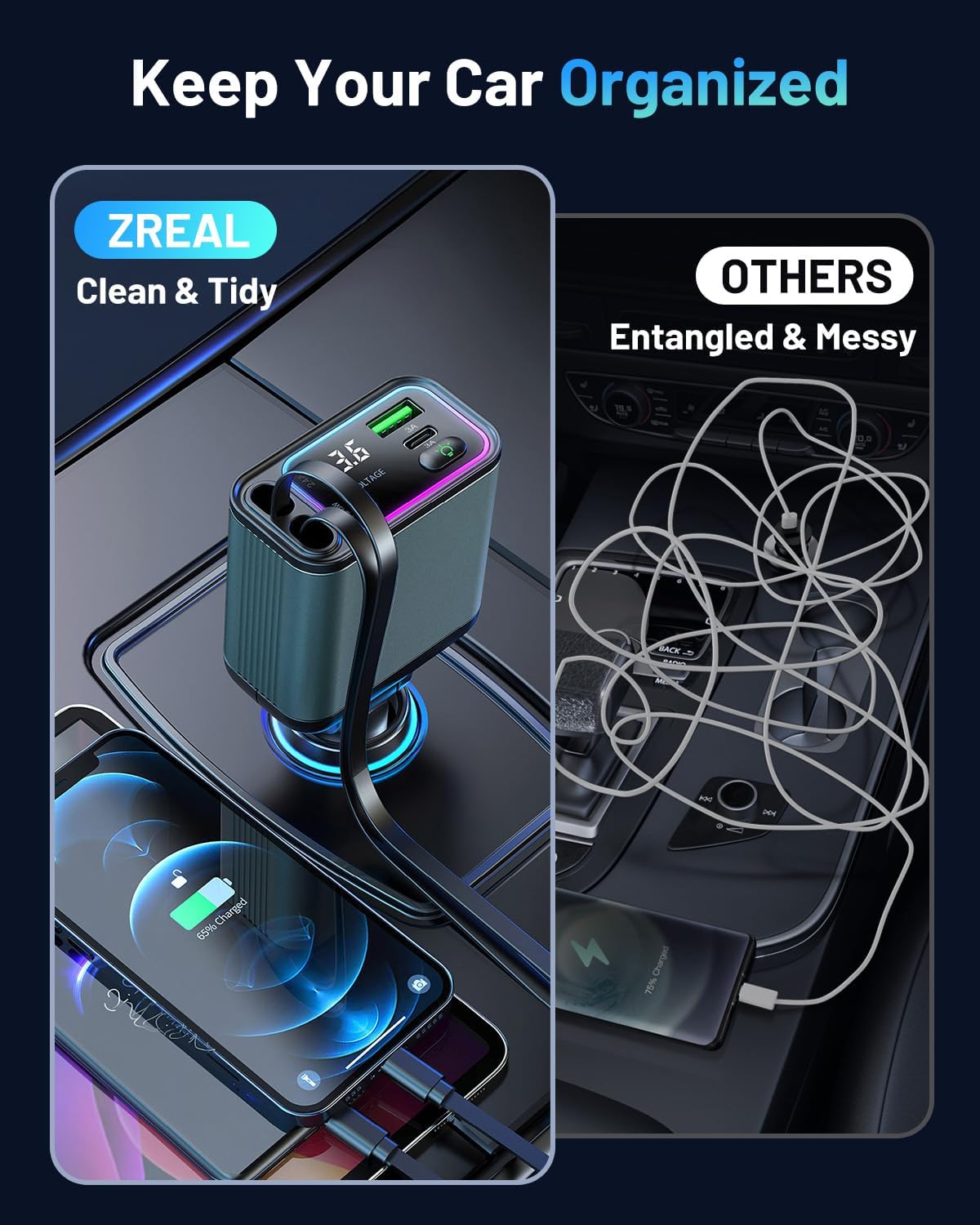 [2 Pack] 4 in 1 Retractable Car Charger with RGB Light, 92W Fast Charging USB C Car Adapter, Compact Car Phone Charger for iPhone/Galaxy/Pixel, Car Accessories for Women Men (Lightning + Type C Cable)