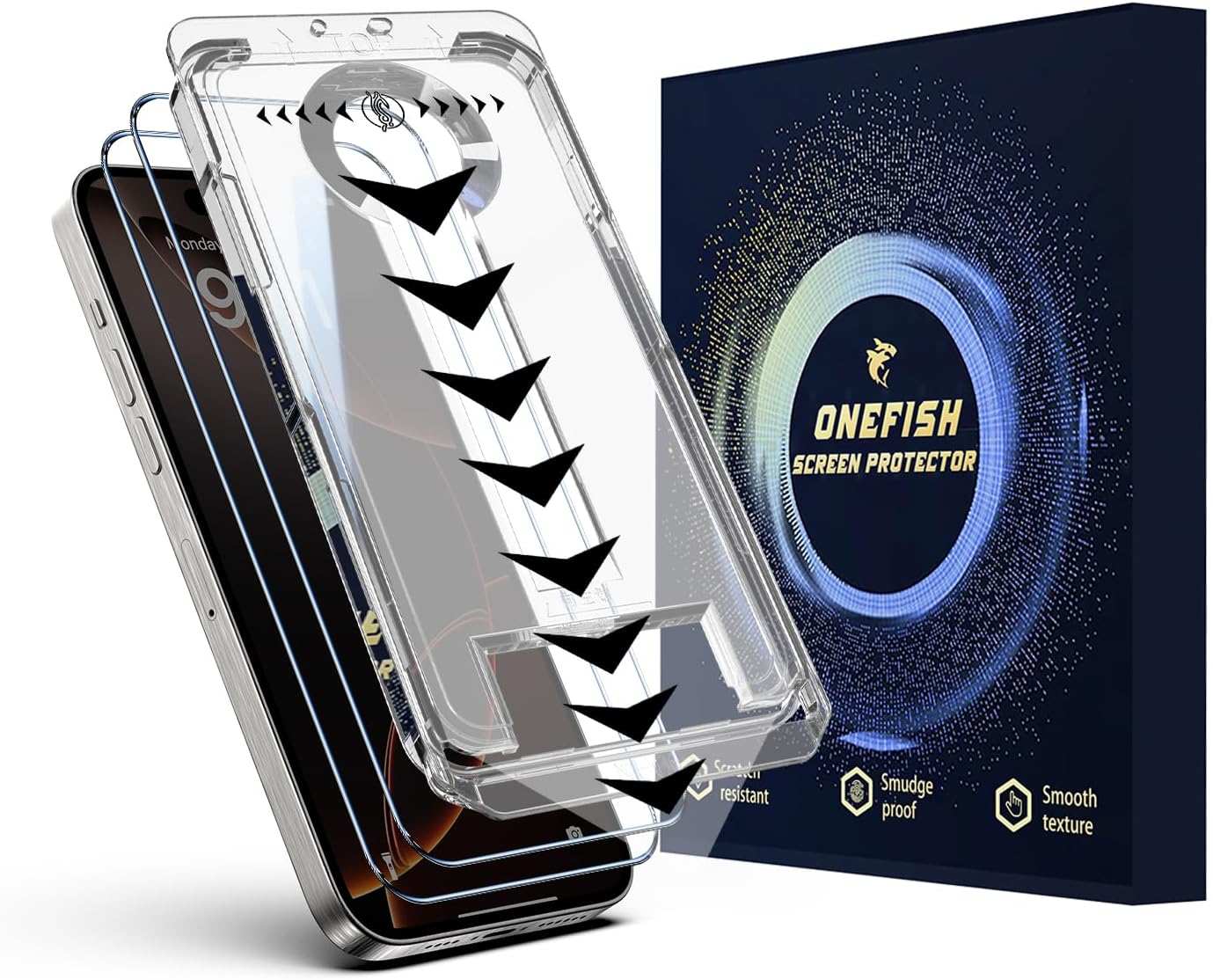 OneFish Screen Protector for Iphone 16 Plus, HD Clarity Tempered Glass Film 9H+ Hardness, with Hassle-Free Installation Frame, Dust-Free Bubble-Free Anti-Fingerprint, 2Pack