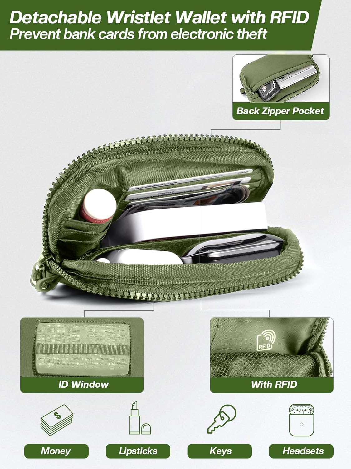 Clip and Go Strap for Phone with Wallet Crossbody Phone Lanyard Adjustable and Detachable RFID Wristlet Wallet with ID Window and Zipper, Green