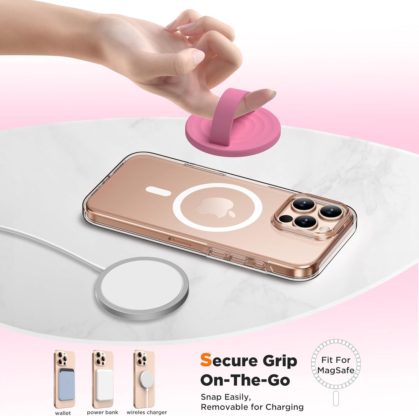 Magnetic Phone Ring Grip Holder, Silicone Finger Loop Grip, Compatible with MasSafe, Back of Phone for iPhone Pro Max/Plus/16/15/15/14/13/12 Series, Tender Pink
