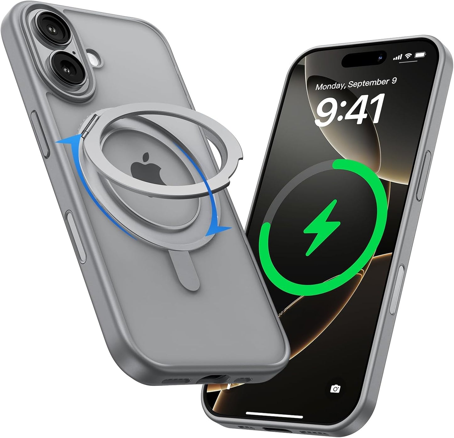 MAGIC JOHN 360° Rotatable Magnetic Invisible Stand for iPhone 16 Case [Camera Control Button] [Compatible with MagSafe] 16FT Shockof for iPhone 16 Case with Kickstand, Gray