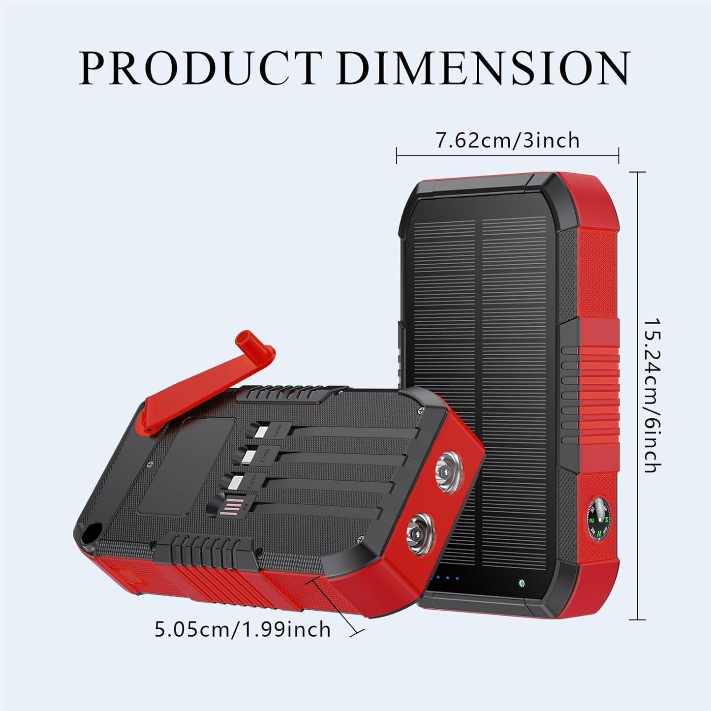 Solar Power Bank 66800mAh Built in Hand Crank and 4 Cables 22.5W Fast Charge,Camping Essentials/SOS/Strobe/Strong Flashlights,Compass Solar Portable Charger Power Bank (Red)