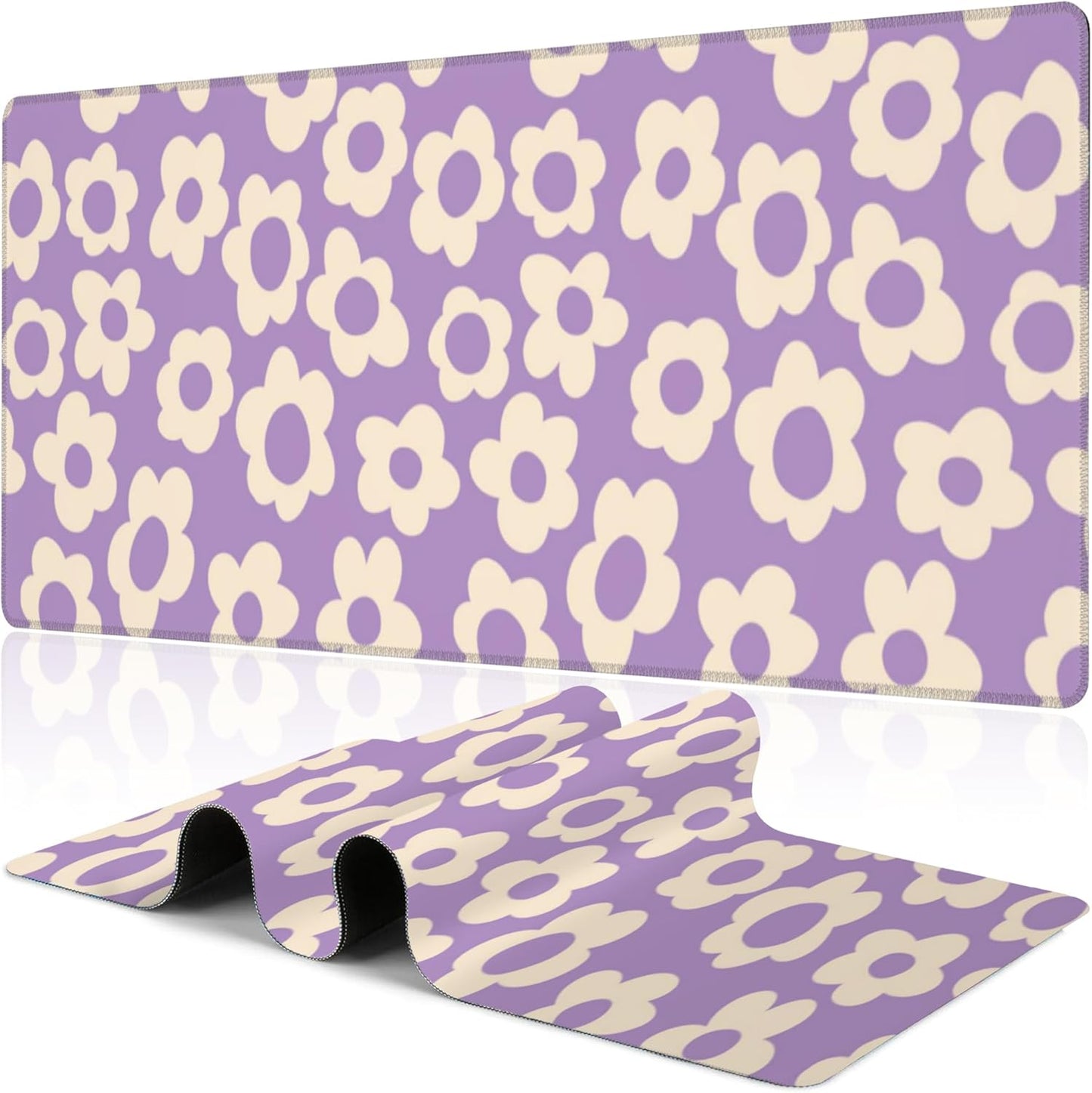 Purple Groovy Flowers Desk Mat,Large Vintage Floral Gaming Keyboard Mouse Pad,Non-Slip Rubber Base Desk Pad Thick Stitched Edges Waterproof Mousepad Mouse Mat 31.5"x11.8"