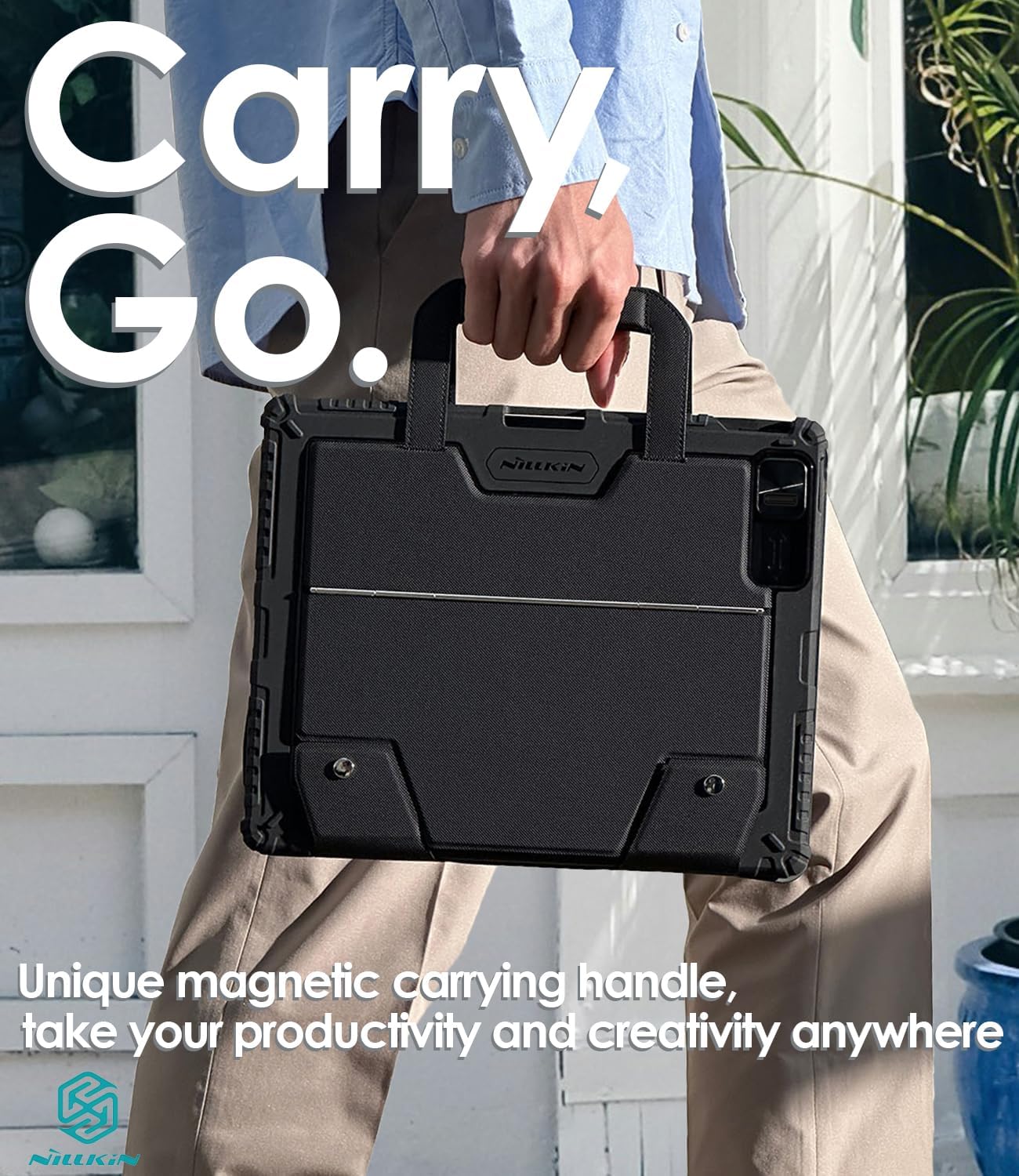 Nillkin Carry Go Keyboard Case for iPad Pro 13 inch (M4) 2024 with Handle, Rugged Case with Detachable Keyboard for iPad Pro 13, Magic Trackpad, 7 Colors Backlit, Camera Cover, Black