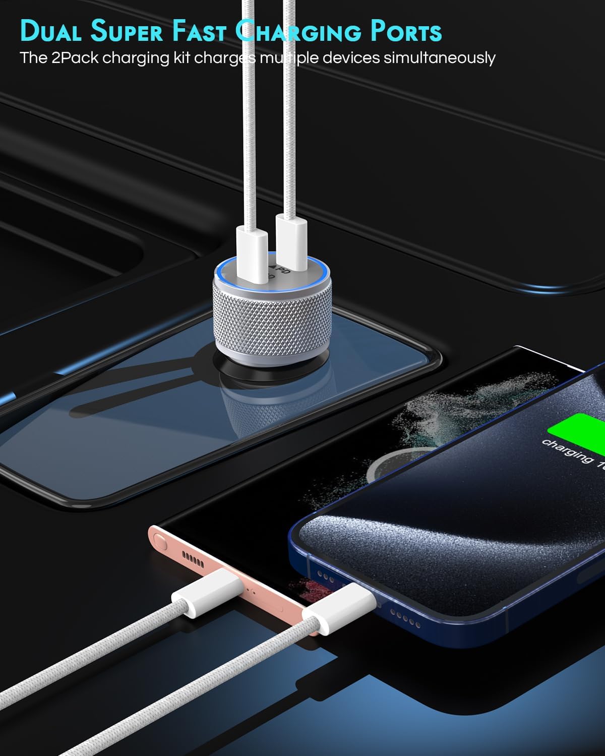 iPhone 16 Car Charger,2Pack Dual Port USB C Fast Car Charger Type C Rapid Charging Adapter with 2Pack USB C to C Nylon Braid Cable Woven Cord Fast Charging for iPhone 16/16 Pro/15/15 Pro Max/iPad