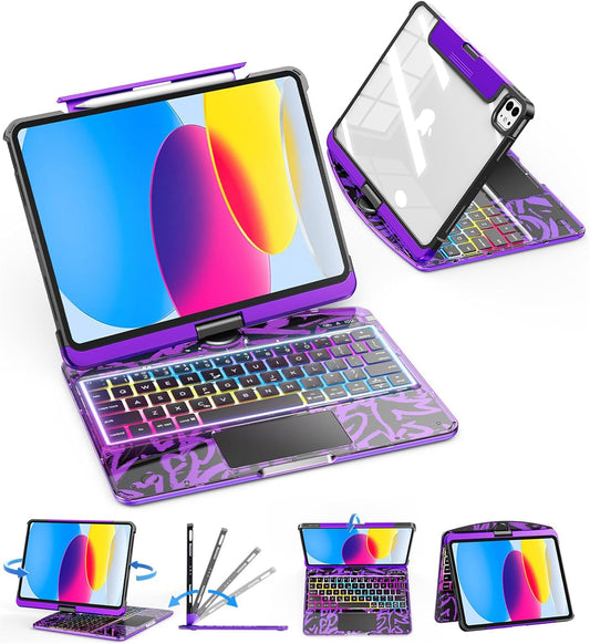 SIBEITU Keyboard Case for iPad A16 11th Gen 11" 2025 & 10th Gen 10.9" 2022, Clear Wireless Keyboard Protective Cover with Multi-Touch Trackpad, 7-Color Backlight & 3-Brightness, 360 Rotatable, Purple