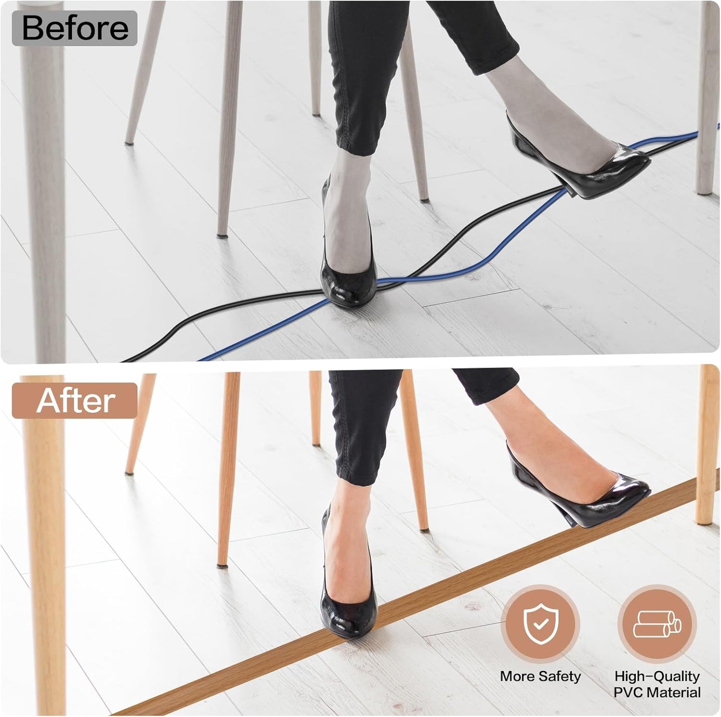 Floor Cord Cover Self Adhesive Cord Hider Floor Extension Cord Covers for Floor Power Cord Protector Cable Management Prevent Cable Trips Cable Cavity 0.32" W x 0.32" H (Light Brown Wood, 3.3Ft)