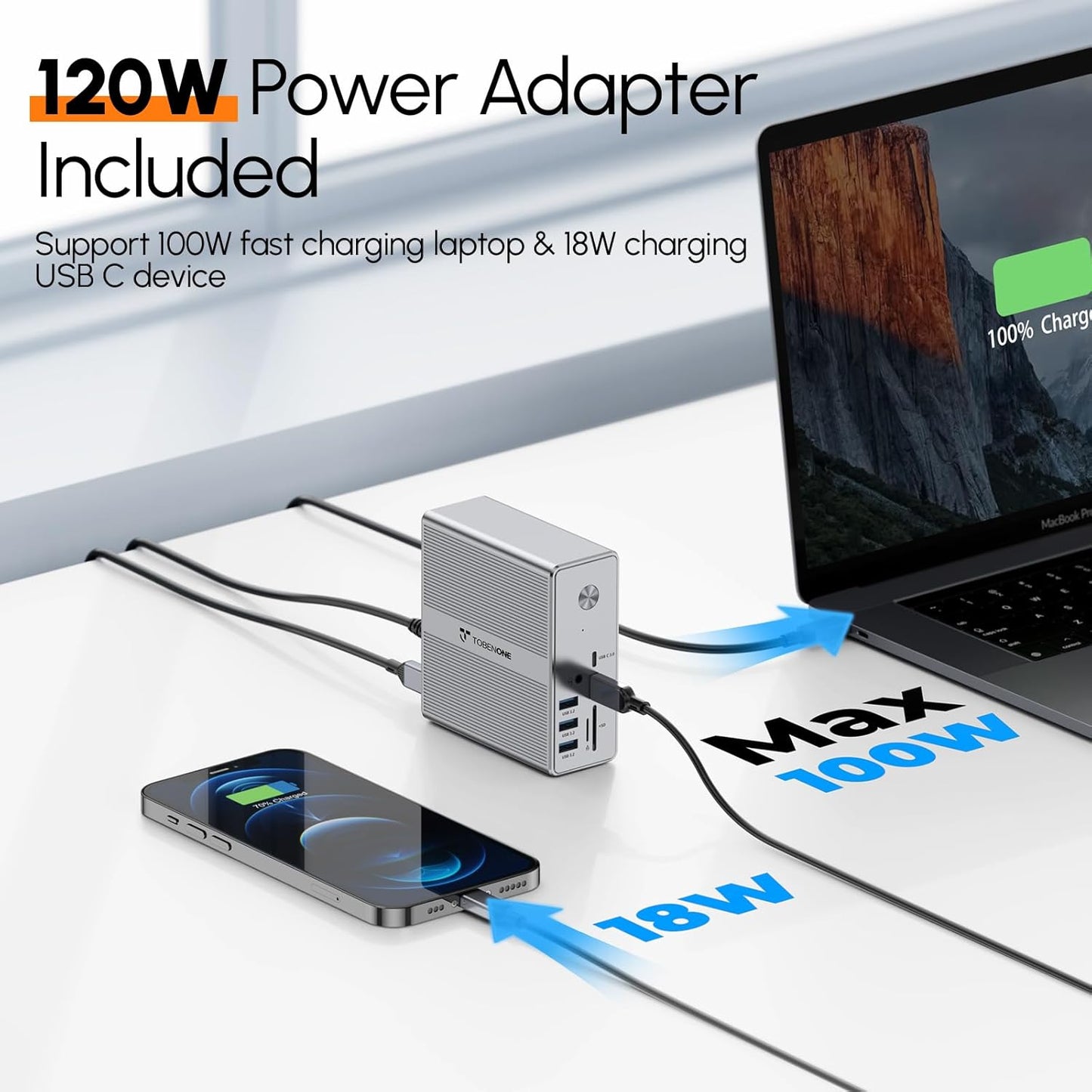 TobenONE DisplayLink Docking Station Triple Monitor with 120W Power Adapter, Triple 4K Display for MacBook Pro/Air, Thunderbolt 4/3, USB-C Windows(3X HDMI, 3X DP, 2xUSB-C, 4xUSB 3.2, SD/TF)