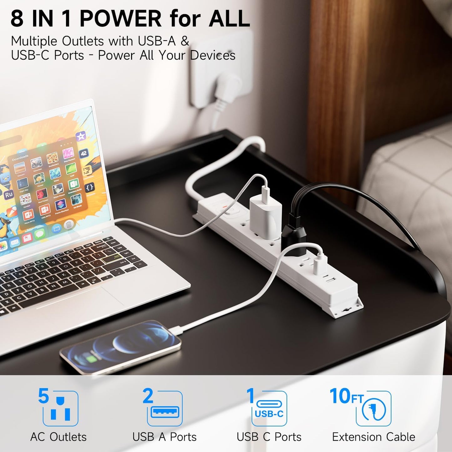 10 Ft Power Strip Surge Protector with USB Ports, Flat Plug Extension Cord, 5 AC Outlets and 3 USB Charging Ports, Wall Mountable, ETL Listed – White for Home, Office, Dorm