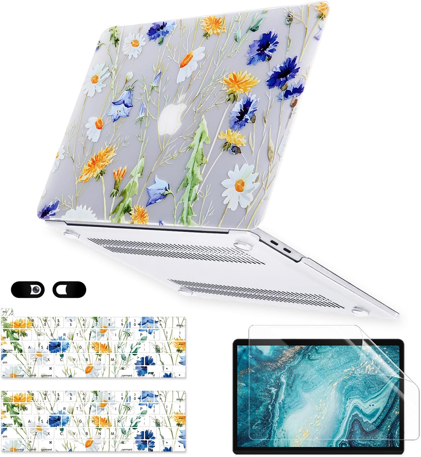 Case for MacBook Pro 13 inch M2 M1 A2338 A2289 A2251 A2159 A1989 A1706 2023-2016 Release with Touch ID, 6 in 1 Matte Clear Shell&Keyboard Cover&Screen Protector&Webcam Cover, Floral