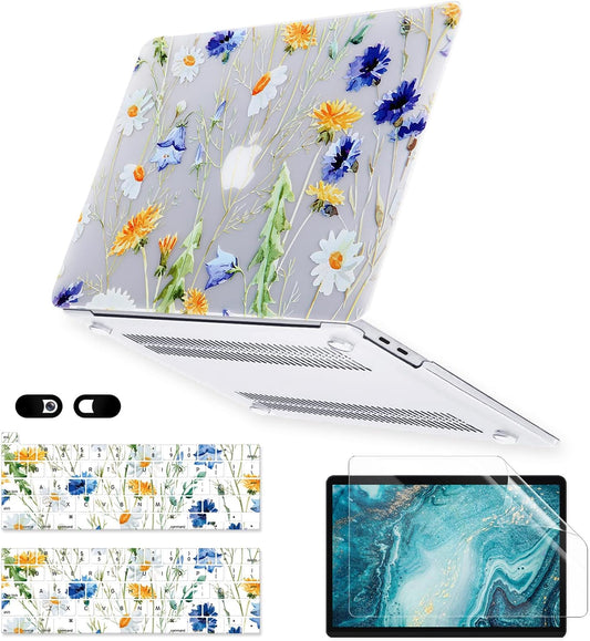 Case for MacBook Pro 13 inch M2 M1 A2338 A2289 A2251 A2159 A1989 A1706 2023-2016 Release with Touch ID, 6 in 1 Matte Clear Shell&Keyboard Cover&Screen Protector&Webcam Cover, Floral