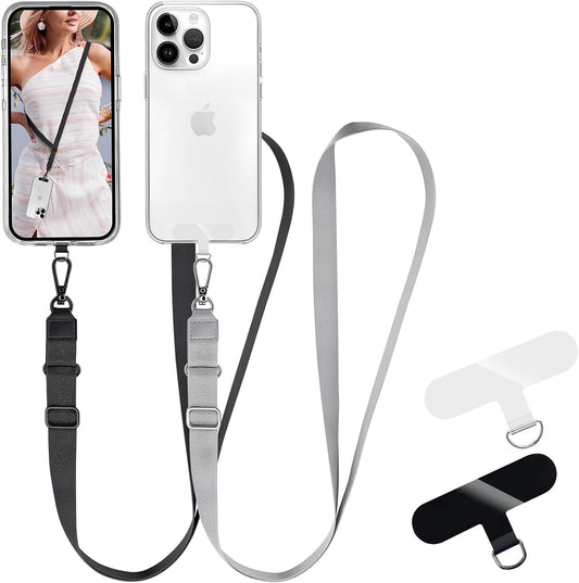 Adjustable Crossbody Cellphone Lanyard for iPhone, Includes 2 Lanyard,2 Pcs TPU phone tether tab, Black＋Clear