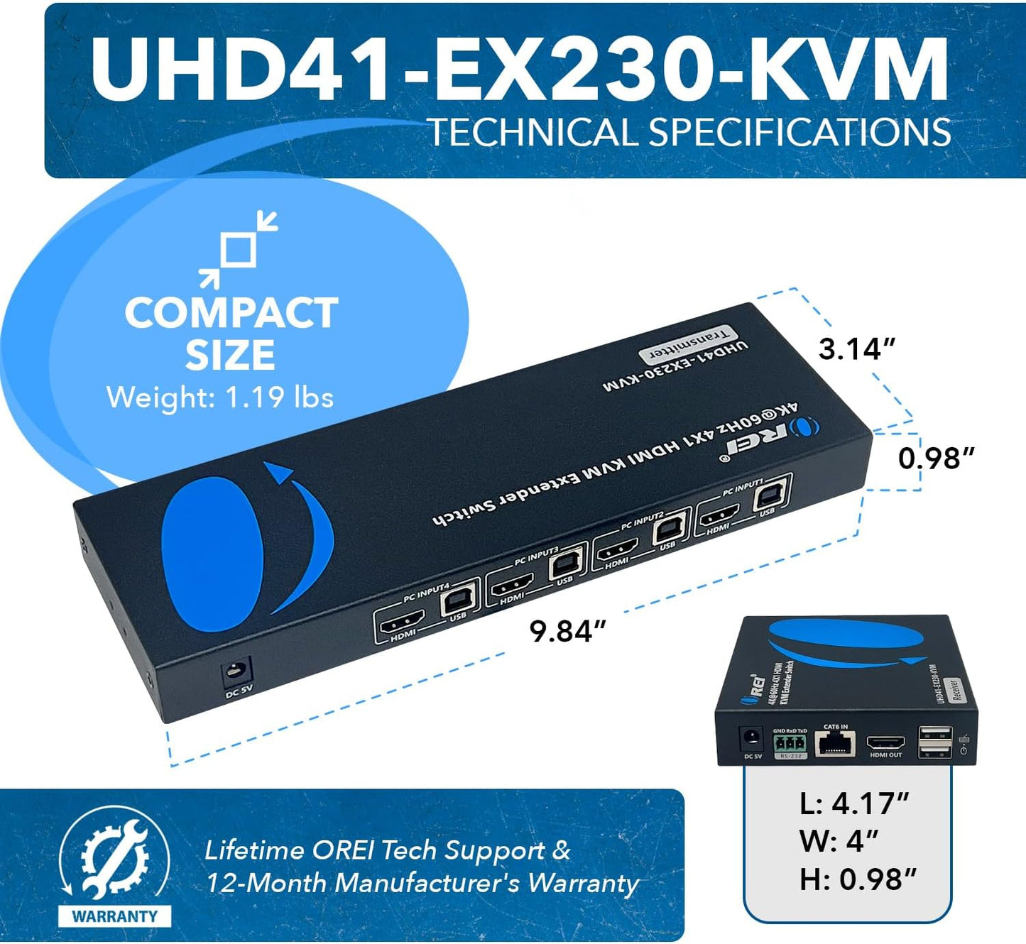 OREI 4x1 KVM 4K HDMI Over Ethernet Extender Switcher Balun Over CAT6/7 Cable 4K@60Hz Upto 230 Feet - 2 USB 1.1 Ports, Supports Keyboard and Mouse USB