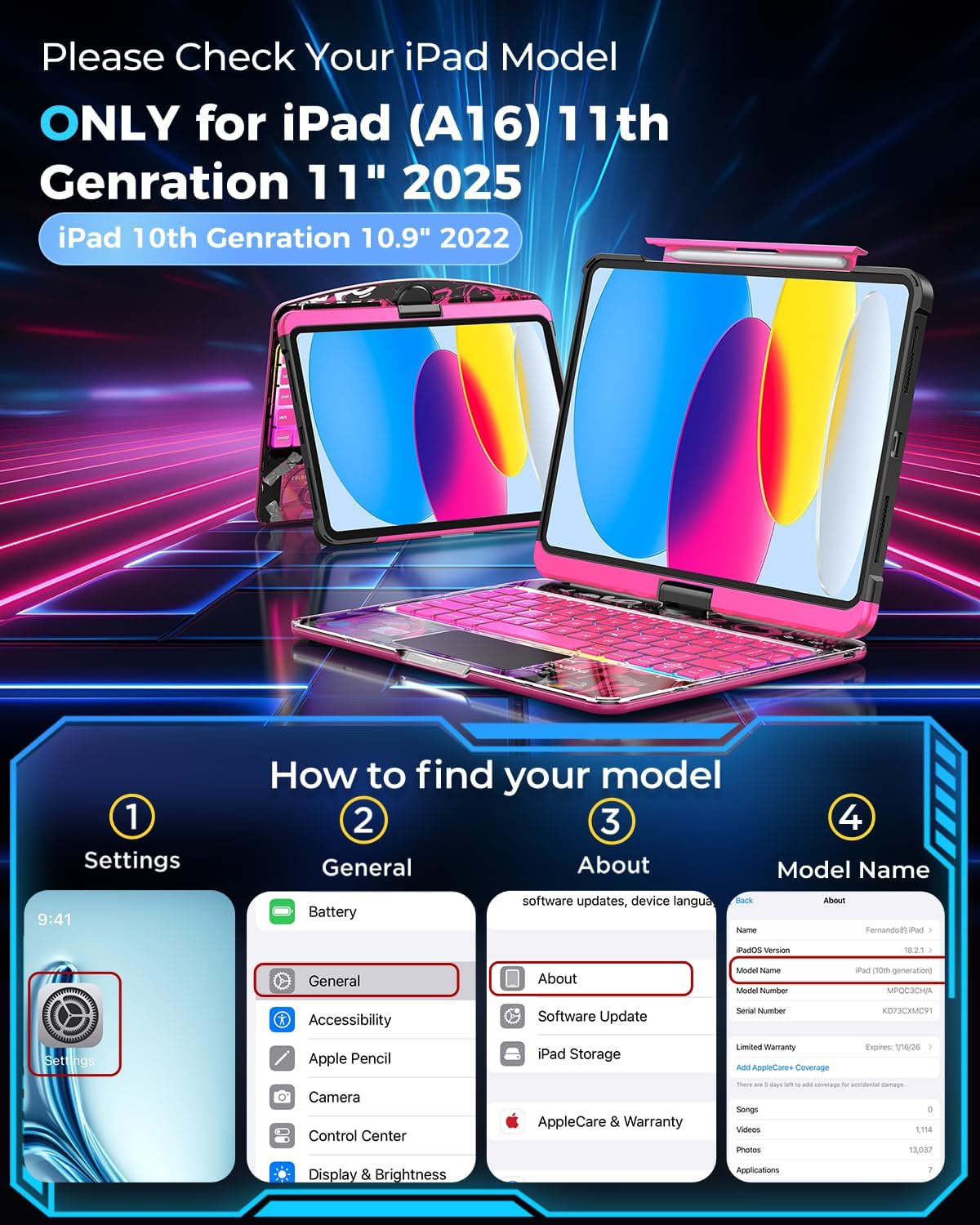 TSQQST Clear Wireless Keyboard Case for iPad (A16) 11th Generation 11-inch 2025/ iPad 10th Generation 10.9-inch 2022 with Pencil Holder & Multi-Touch Trackpad, 7-Color Backlight, 360 Rotatable, Pink