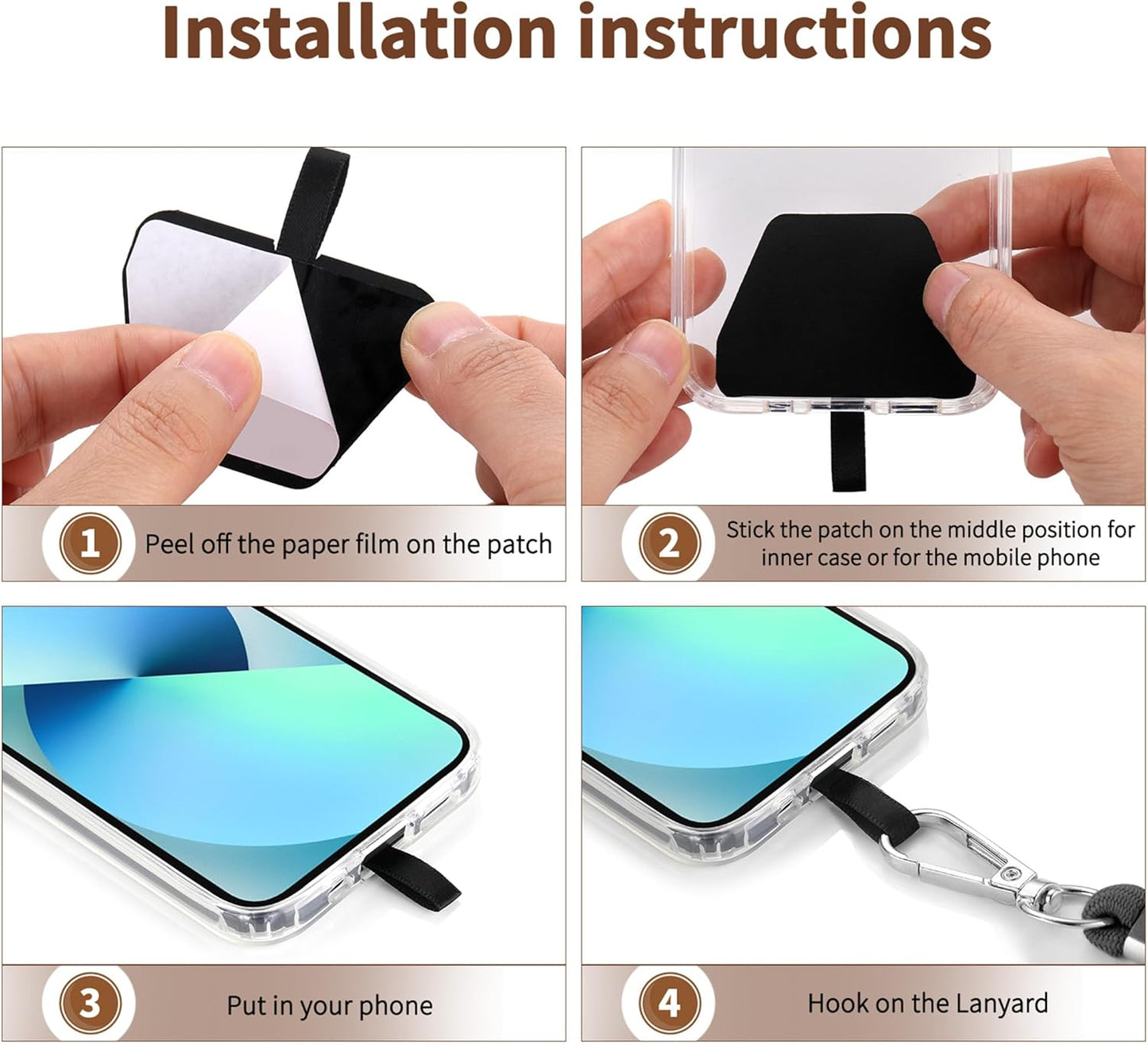 CACOE Phone Lanyard 2 Pcs-2 Pcs Adjustable Neck Strap, 4 Pcs Patches, Universal Crossbody Multifuctional Cell Phone Lanyards Compatible with Most Smartphones(Black+Dark Brown)