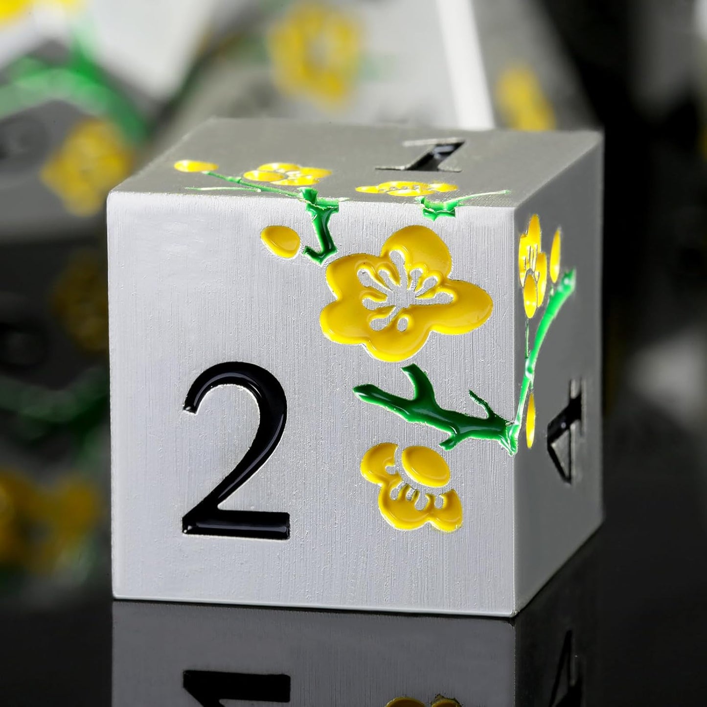 Silver Metal DND Dice, DNDND 7 PCS Heavy Flower Metallic D&D Dice Set with Gorgeous Gift Case for Dungeons and Dragon Tabletop Game (Matte Silver with Yellow Flower)