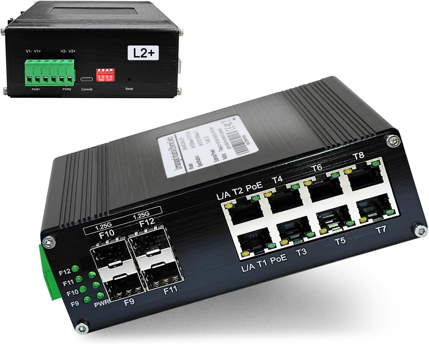 Industrial Managed 8-Port 10/100/1000Base-T PoE Switch with 4-Port 1000Base-X SFP, IEEE 802.3af/at 30W PoE Ethernet Switch, L2 Web Management Support Ring Network by USB-C Port Connection