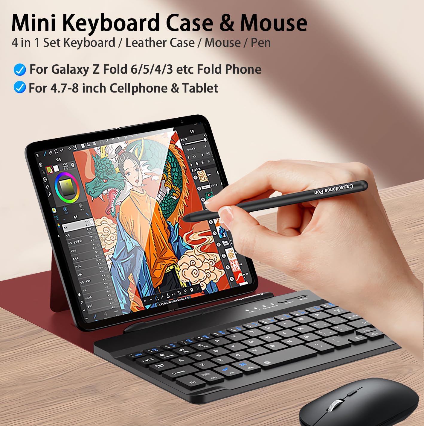 for Samsung Galaxy Z Fold 7 6 5 Keyboard and Mouse, Portable Mini 7.9 inch Bluetooth Keyboard with Leather Case and Capacitive Pen, 4 in 1 Set for Z Fold7 6 Accessories