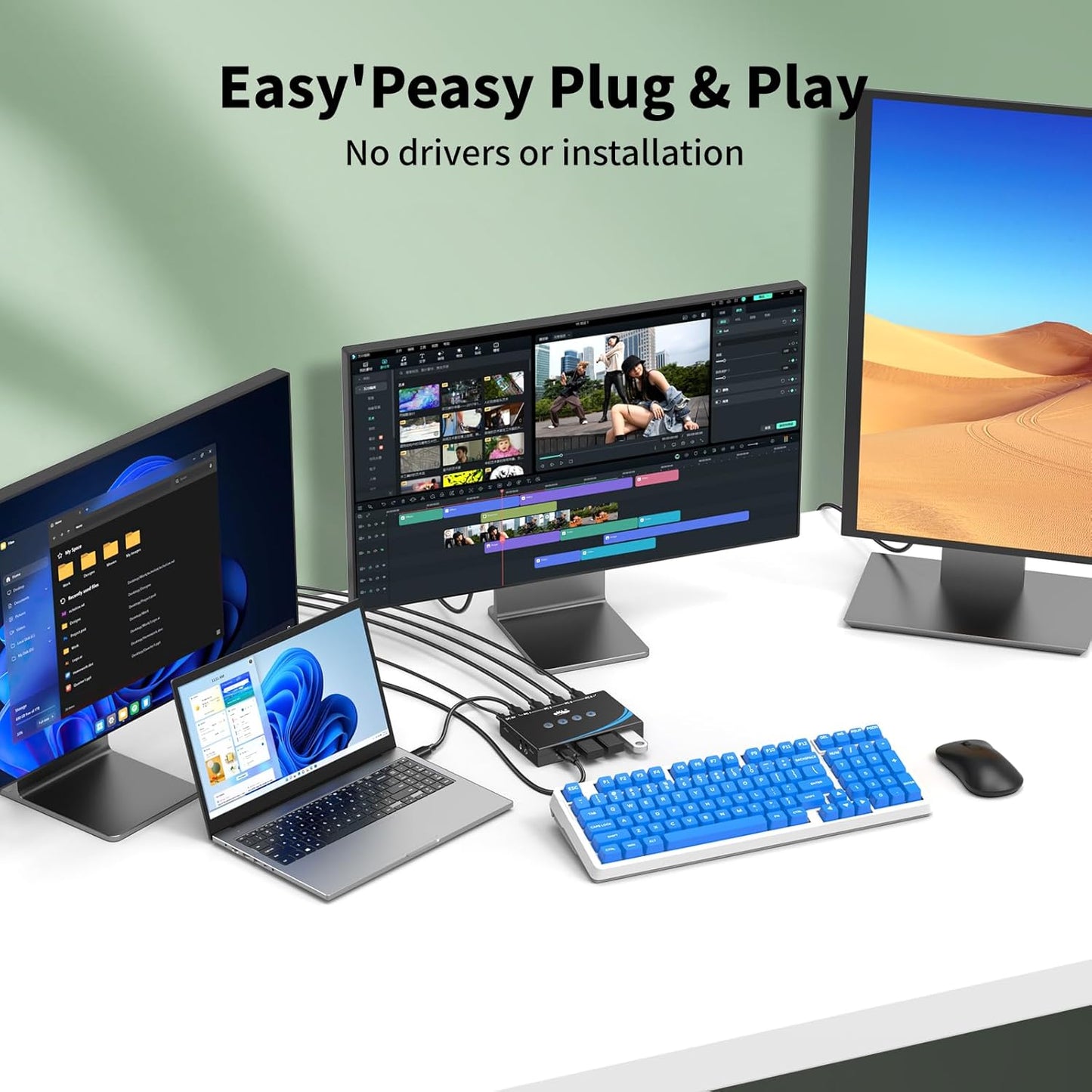 eKL USB 3.0 Switch 4 Computers Share 4 USB 3.0 Ports USB Switcher for PC Laptop Mouse Keyboard Scanner Printer One Button Switch with 3.5mm Headphone Jack and 4 Pack Cables