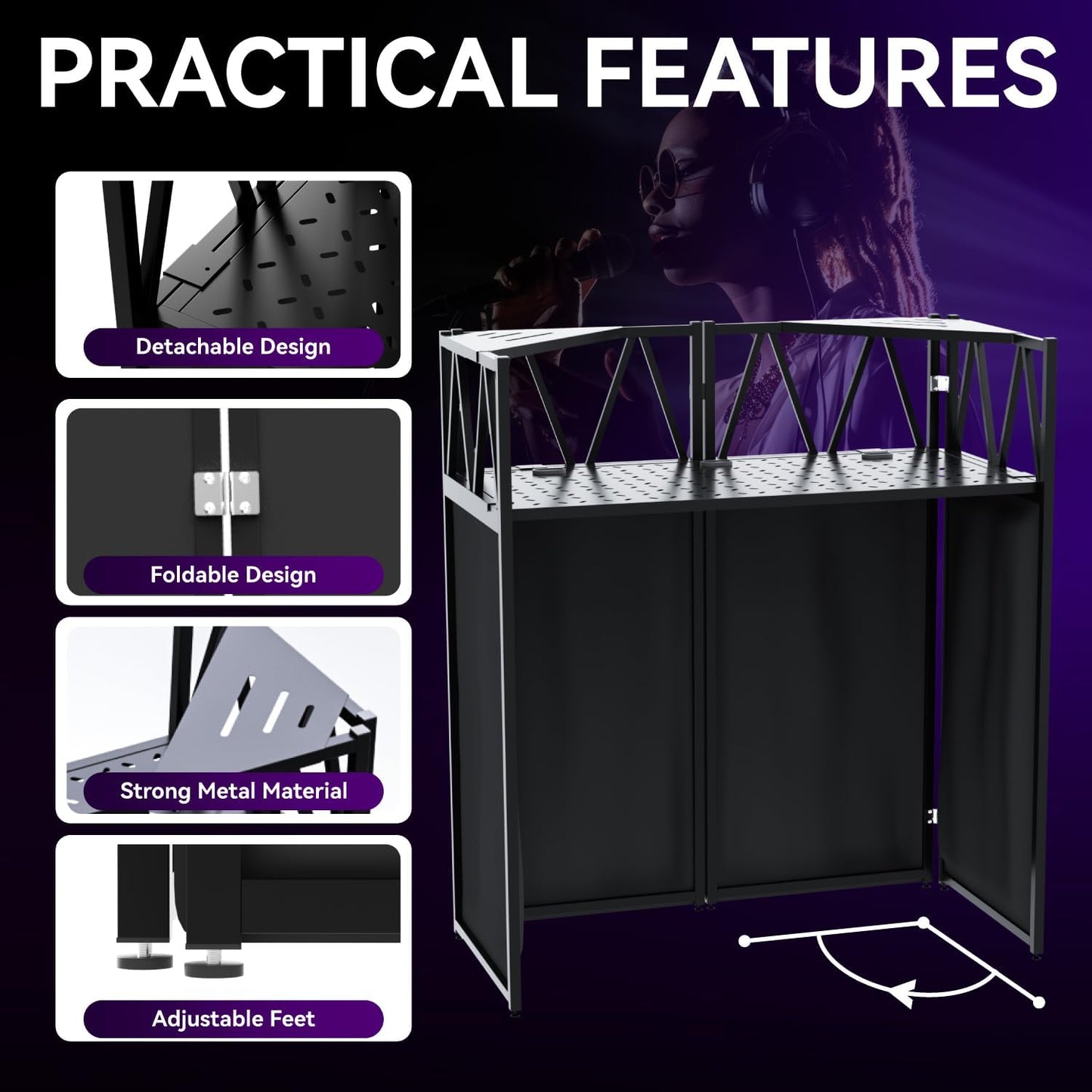 Portable DJ Booth Table,Foldable DJ Table Stand Portable with White & Black Scrim,Adjustable DJ Facade Table Station Triangle Plate Metal Frame DJ Table with Cable Hole for Private Events, Clubs, Bars