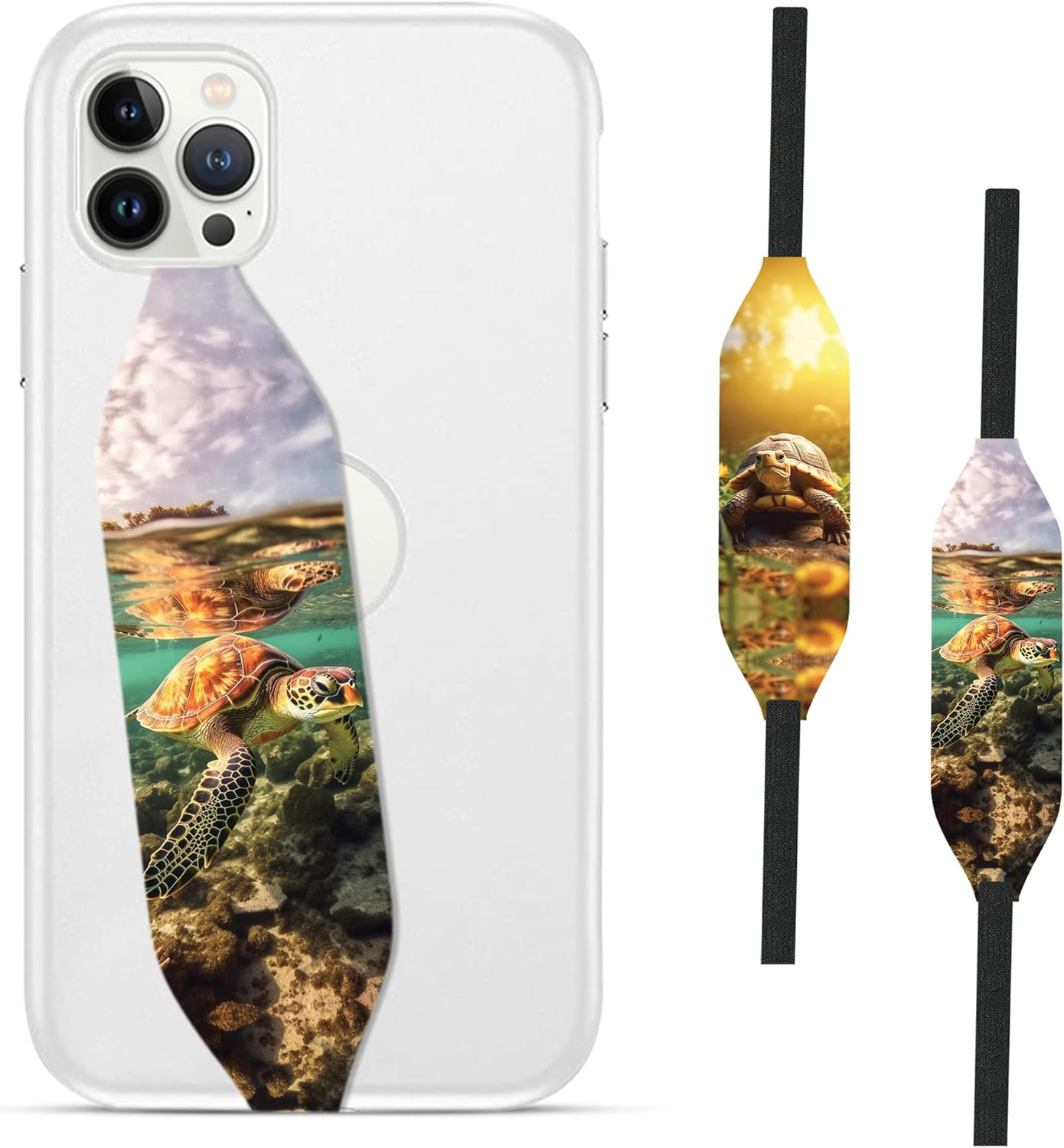 Phone Grip Strap - Pack of 2 Reversible Finger Holder for Phone Back, Customizable Anti-Slip Design, Wireless Charging Compatible Detachable Holder for iPhone - Psychedelic Turtle
