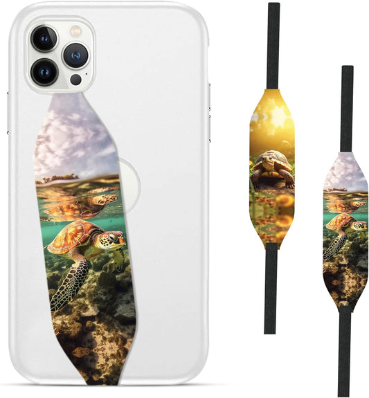 Phone Grip Strap - Pack of 2 Reversible Finger Holder for Phone Back, Customizable Anti-Slip Design, Wireless Charging Compatible Detachable Holder for iPhone - Psychedelic Turtle