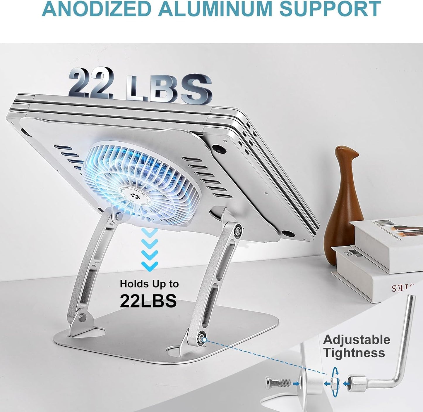 SHUWEI Laptop Cooling Stand with 3 Speed Fan, Adjustable Height Laptop Stand for Desk, Ergonimic Aluminum Laptop Cooling Pad for 10-15'' Notebook - Black