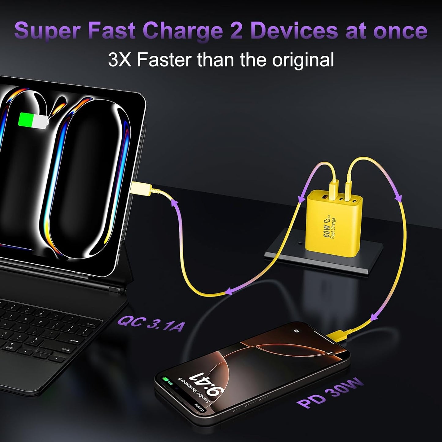 USB C Fast Wall Charger Block, 2Pack 60W USBC Charging Cubes, 5-Port PD+QC Power Adapter Multiport Brick Type C Box Plug for Phone 16/15/14/13/12/11/Pro Max/Plus, Pad Mini/Pro/S25/S24-Yellow