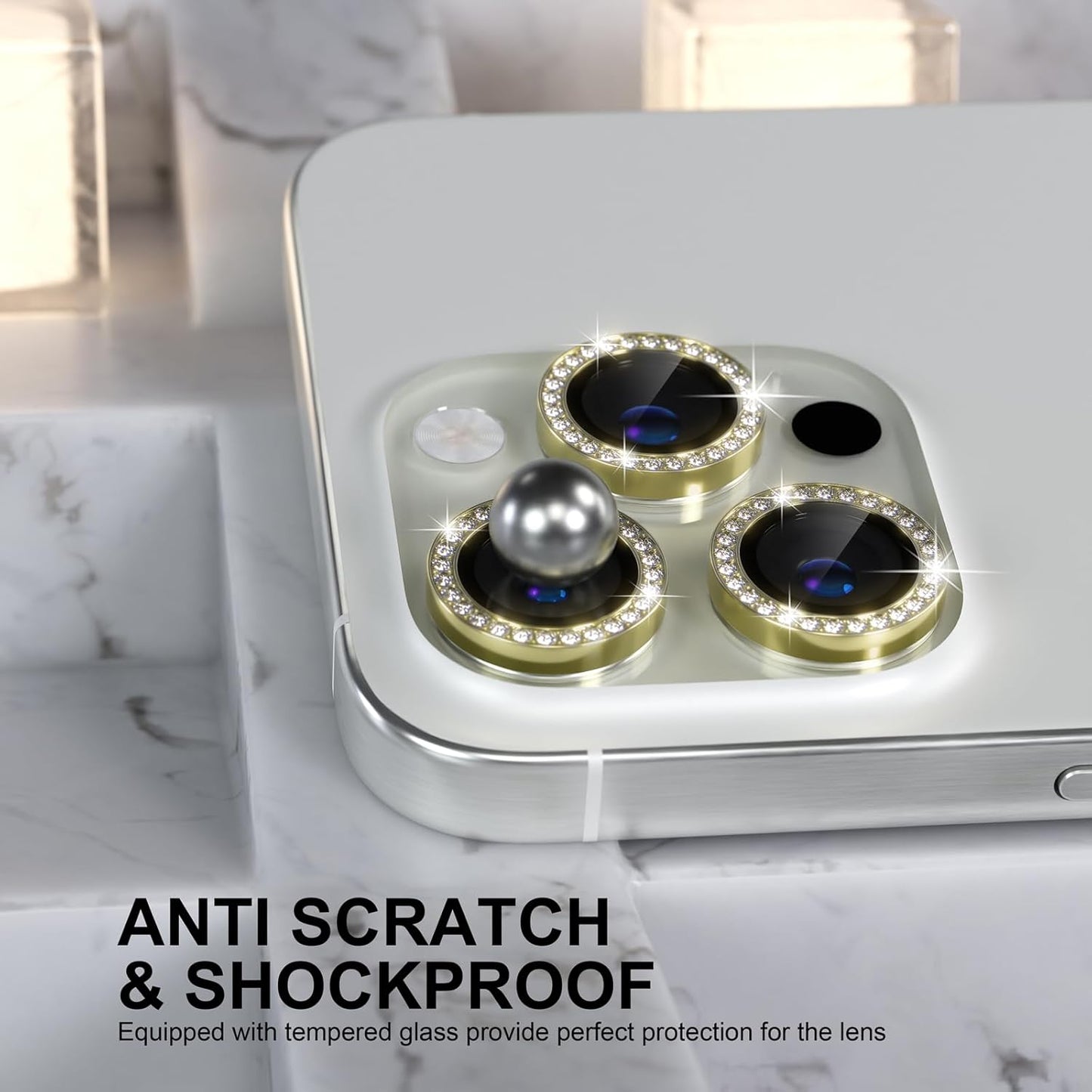 Choiche Compatible for iPhone 16 Pro/iPhone 16 Pro Max Camera Lens Protector Bling, 9H Tempered Glass Camera Cover Screen Protector Metal Ring Decoration Accessories (Diamond-Gold)