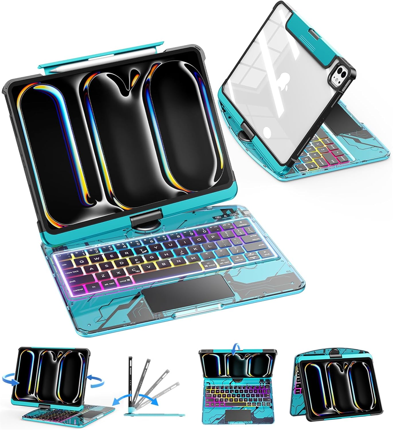 SIBEITU Keyboard Case for iPad Pro 11 Inch M5 2025 / M4 2024, Clear Wireless Keyboard iPad Pro 11inch Cover with Multi-Touch Trackpad, 7-Color Backlight & 3-Brightness, Visible PCB Tech Design, Blue