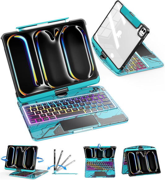 SIBEITU Keyboard Case for iPad Pro 11 Inch M5 2025 / M4 2024, Clear Wireless Keyboard iPad Pro 11inch Cover with Multi-Touch Trackpad, 7-Color Backlight & 3-Brightness, Visible PCB Tech Design, Blue