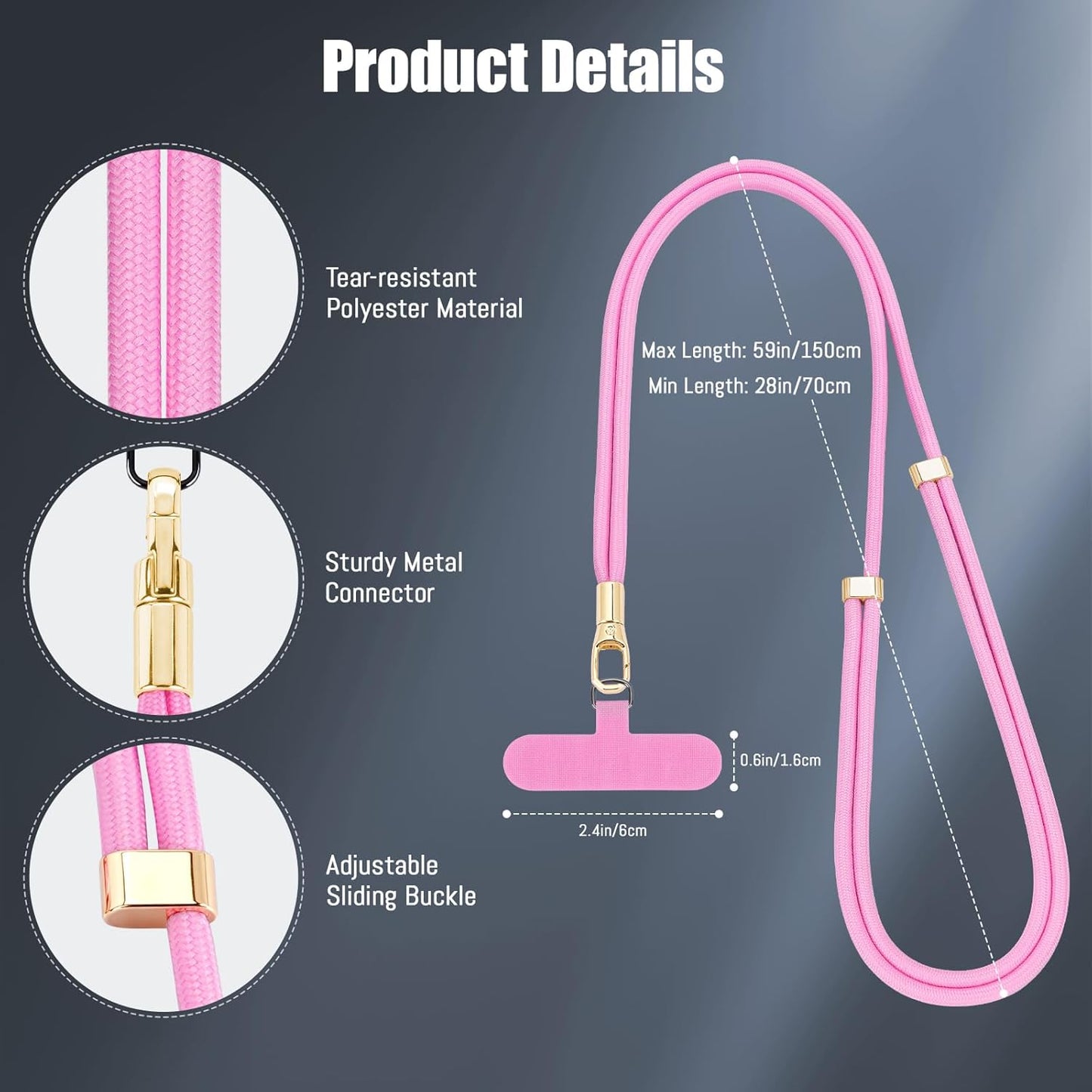 Phone Lanyard 2 Pack, 2x Adjustable Crossbody Phone Strap, 2x Tether Tab, Anti-theft Universal Cellphone Multifuctional Patch Lanyards for iPhone & Most Smartphones, Black + Pink