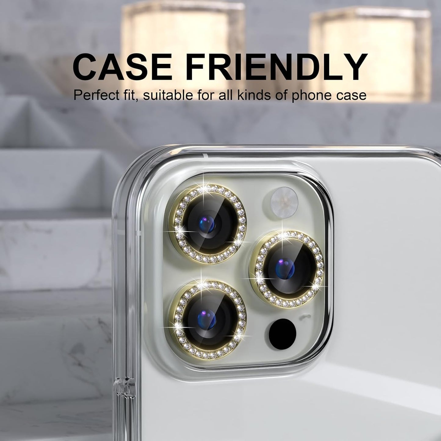 Choiche Compatible for iPhone 16 Pro/iPhone 16 Pro Max Camera Lens Protector Bling, 9H Tempered Glass Camera Cover Screen Protector Metal Ring Decoration Accessories (Diamond-Gold)