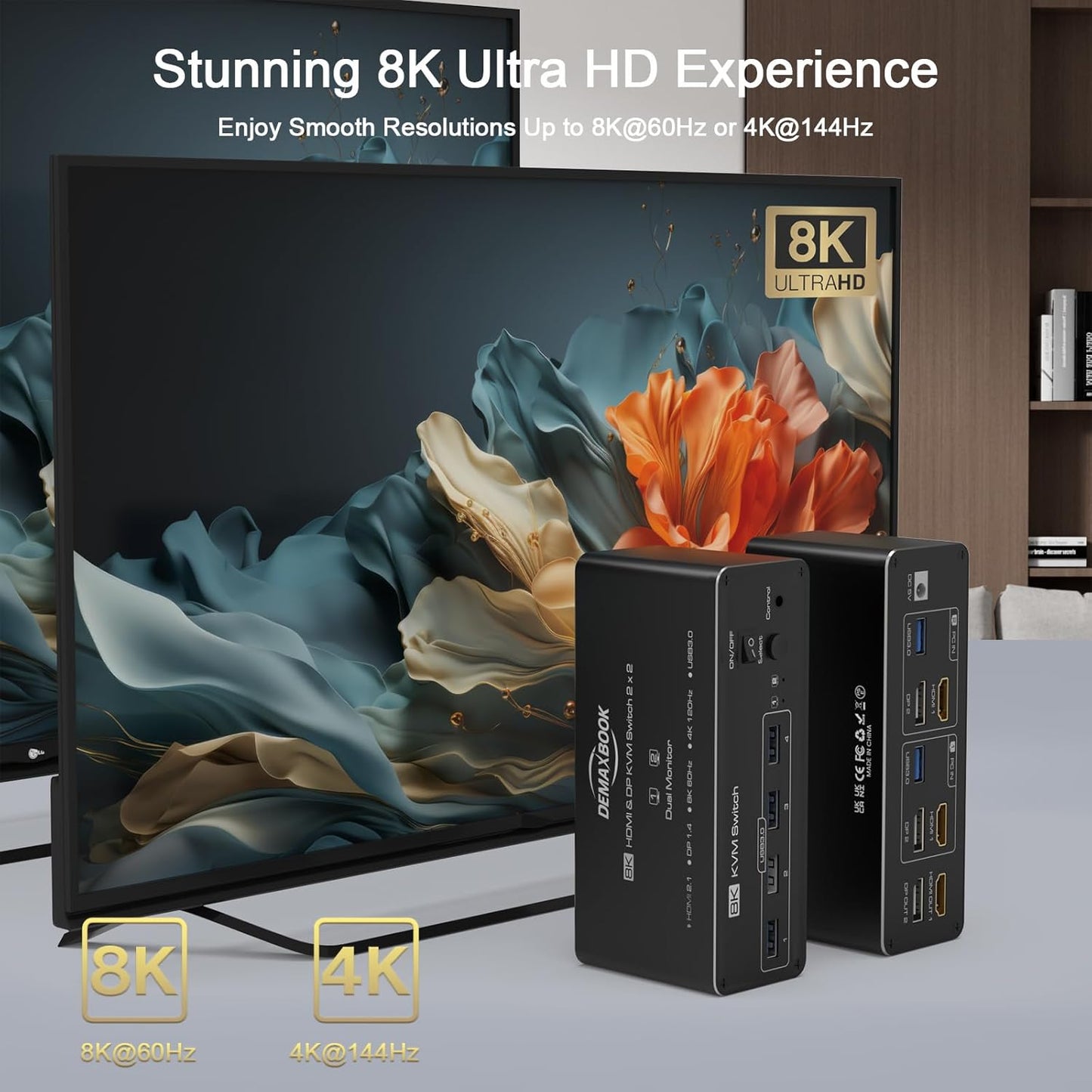 DEMEXBOOK Dual Monitor HDMI Displayport KVM Switch 2 Monitors 2 Computers 8K@60Hz/4K@144Hz,2 Computers Share 2 Monitors,USB 3.0 Ports,Extended/Copy Mode Support,2 USB Cables,Remote Control Included