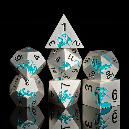 Blue Dragon Metal DND Dice Set,HNCCESG Cool D&D Dice Set of 7 Piece,Dungeons and Dragon Gift Dice, Role Playing Dice for D&D Table Games（(Matte Silver Blue2 Dragon)