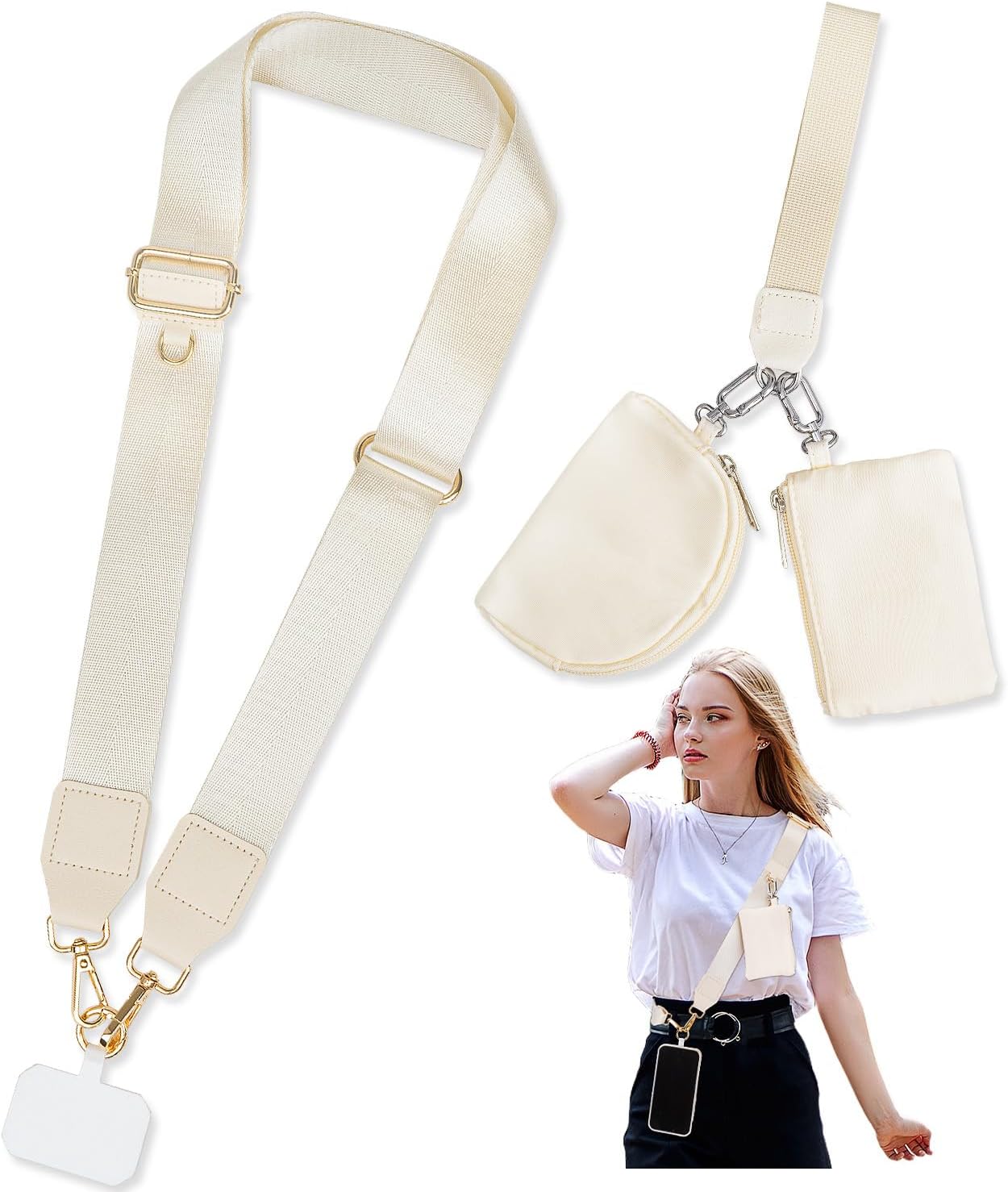 Phone Lanyard Crossbody with 2 Zipper Wallets, 2 Pcs-Save Girls Phone Strap Crossbody & Wrist Lanyard-1 Pad, Clip & Go Cellphone Strap with Pouch for Women, Universal Lanyard for Travel (Beige)