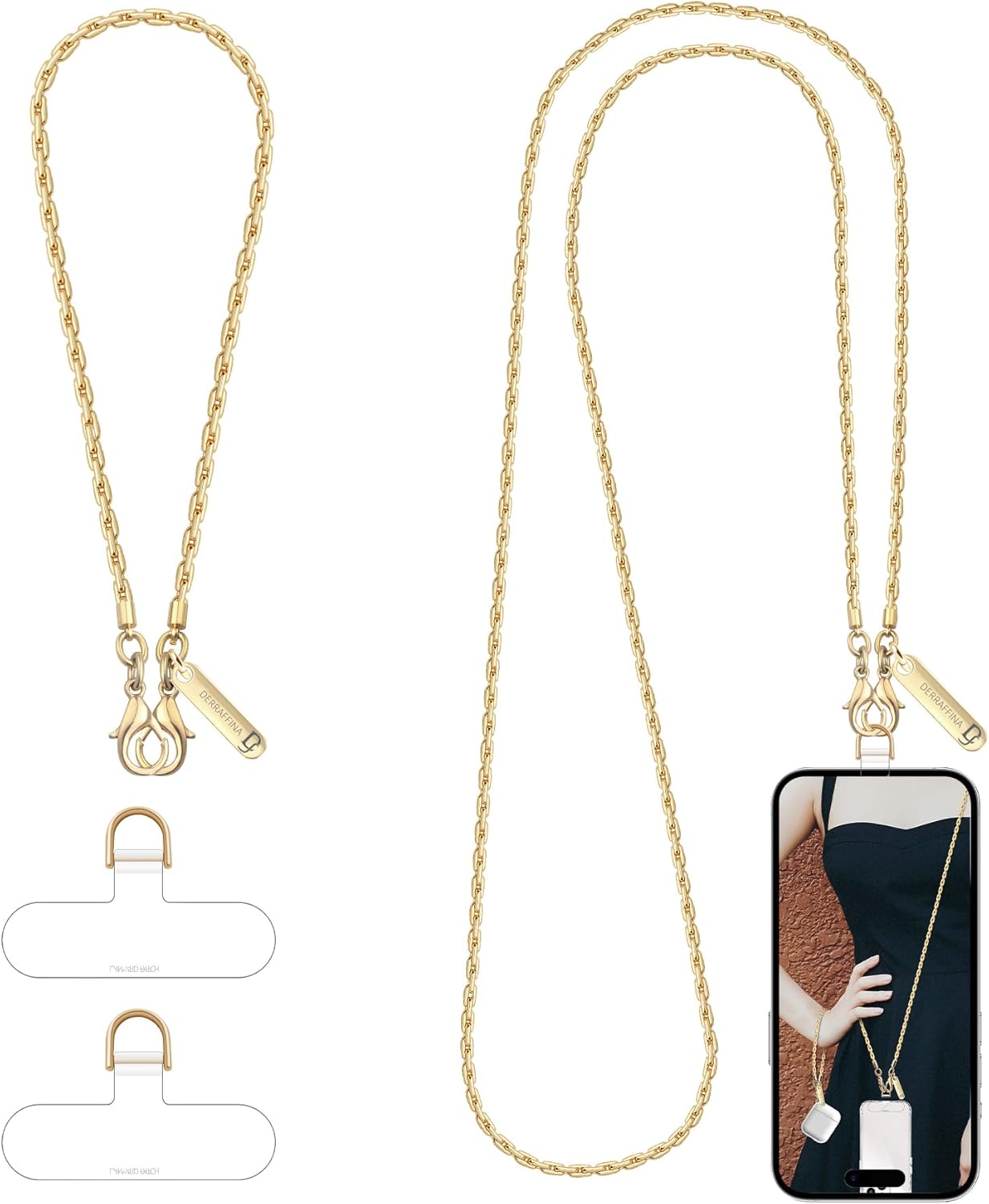 Metal Phone Chain, Crossbody Detachable Phone Lanyard with 1*Wrist Strap & 2* Tether Tabs for iPhone and Smartphones (PaleGold,Extend)