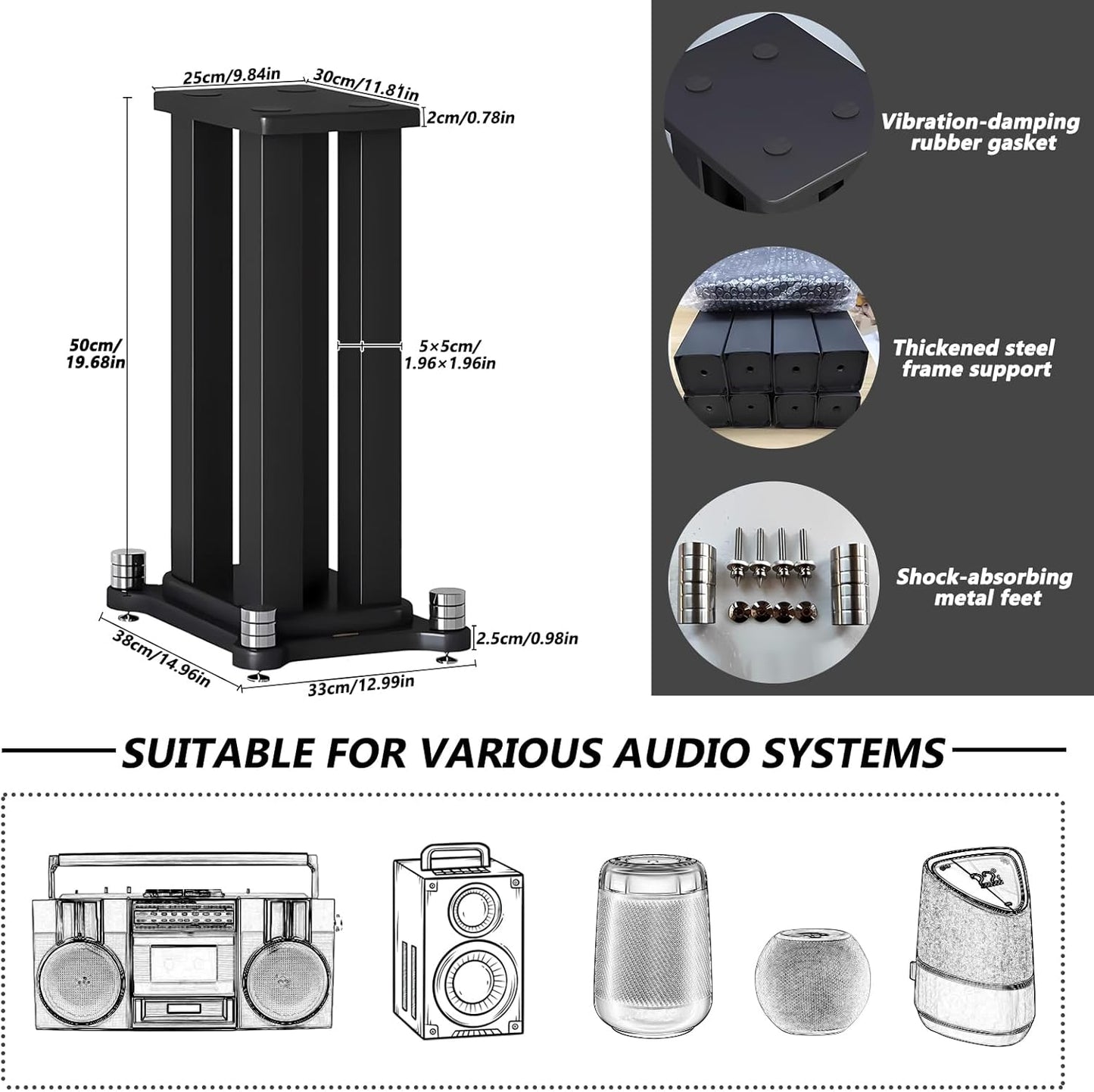 A Pair of Speaker Stands, Bookshelf Speaker Stand Steel Frame Support for Speakers up to 40 kg, Vibration-Absorbing MDF Design, Universal Speaker Stand Improves Sound Quality (80cm/31.4in)