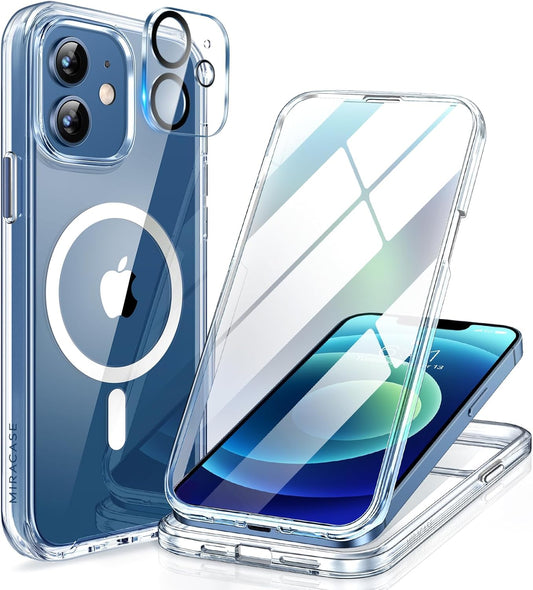 Miracase Magnetic for iPhone 12/12 Pro Case 6.1 inch, (Compatible with MagSafe) Upgrade Full-Body Clear Phone Bumper Case with Built-in 9H Tempered Glass Screen Protector, Magnetic Clear
