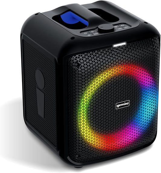 Gemini Box-Style Bluetooth Party Speaker with LED Lights, 6.5” Woofer, Wireless Mic, Deep Bass, TWS Stereo Pairing, USB/SD/FM/Aux, 10-Hour Battery Play Time, 100W Loud Sound for Home & Karaoke