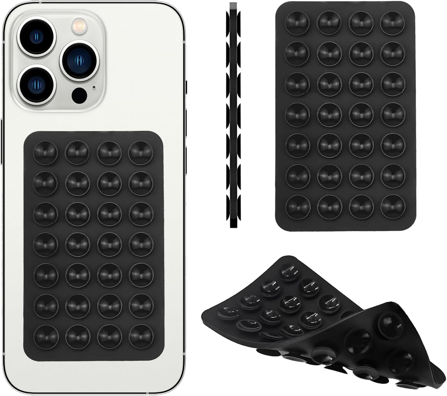 Silicone Double-Sided Suction Phone Grip Detachable Mount - Car Dashboard/Shower Phone Holder, Hands-Free For Selfies & Videos, TikTok/ASMR/Yoga - iphone & Android Compatible (3.74"x2.2", Black)