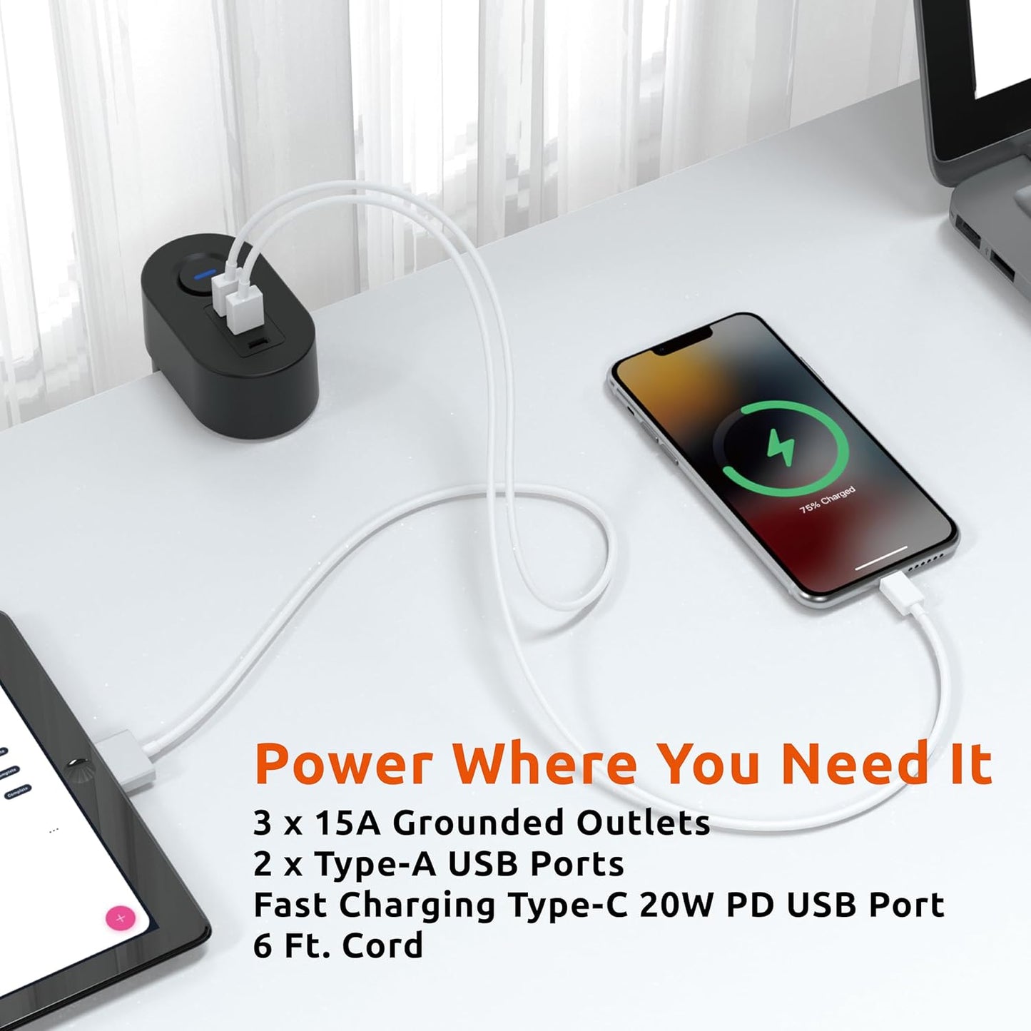 Link2Home Clamp-On Desk Power Strip with 3 Outlets, 3 USB Ports (20W PD Type-C), 6 Ft. Cord, Overload Protection, No Installation Required