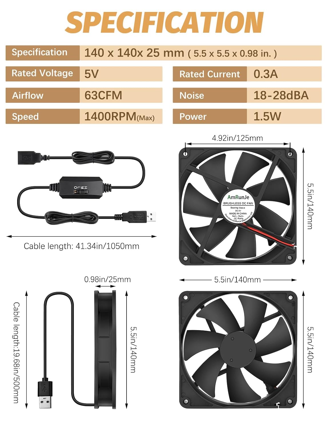 140mm x 25mm USB Computer Fan with 3 Speed Degree 5v PC Cooling Fan for DVR Receiver PlayStation Xbox AV Cabinet