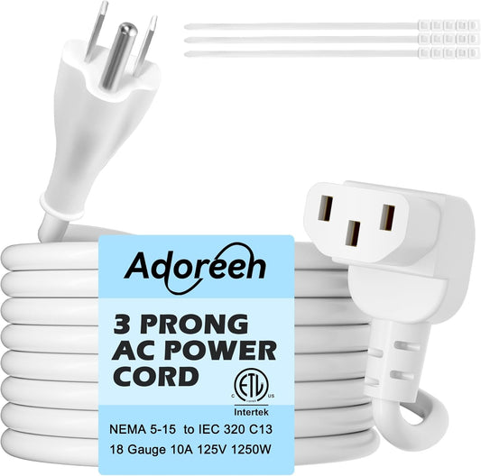 Adoreen 20 Ft Computer TV Replacement Power Cord White, 90 Degree Angled L-Shaped 18AWG 3-Prong AC Universal Power Supply Cable NEMA 5-15P to IEC 320 C13 for Printer, PC, Monitor TV LCD, ETL+Ties