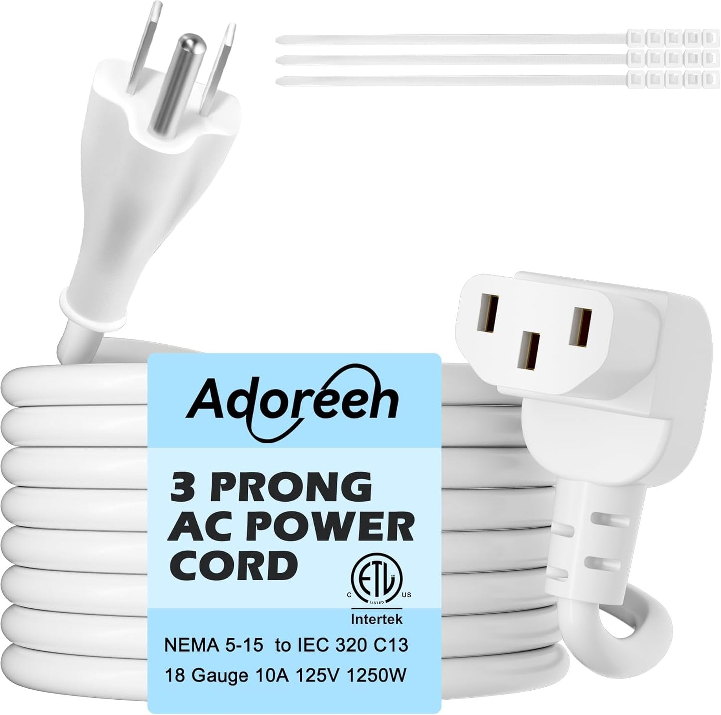 Adoreen 15 Ft Computer TV Replacement Power Cord White, 90 Degree Angled L-Shaped 18AWG 3-Prong AC Universal Power Supply Cable NEMA 5-15P to IEC 320 C13 for Printer, PC, Monitor TV LCD, ETL+Ties