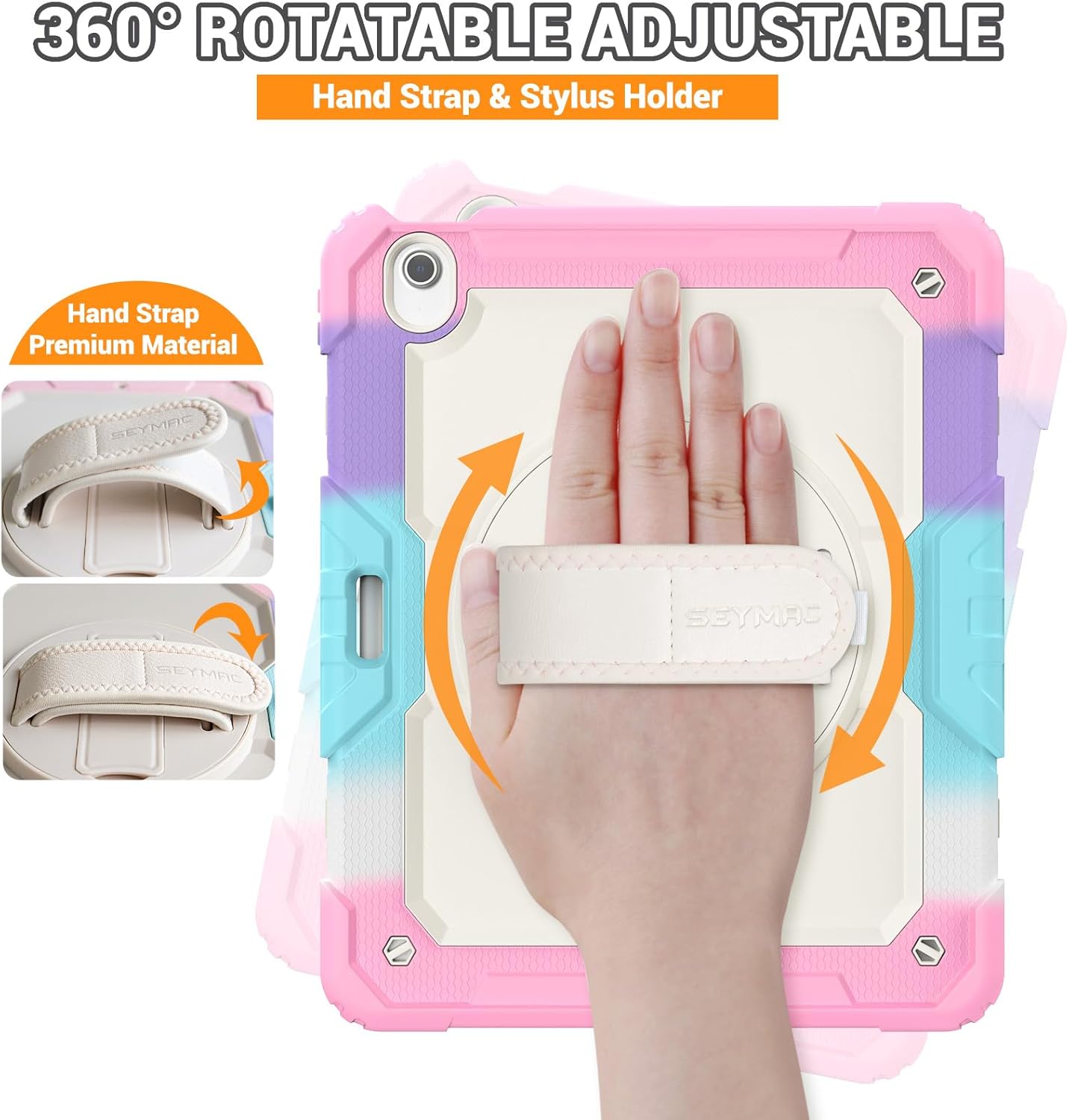 SEYMAC for iPad Air 13 Inch Case M3 2025/ M2 2024, Heavy Duty Shockproof Protective Case with Screen Protector, Rotating Stand, Hand/Shoulder Strap and Pen Holder for iPad Air 13, Colorful Pink