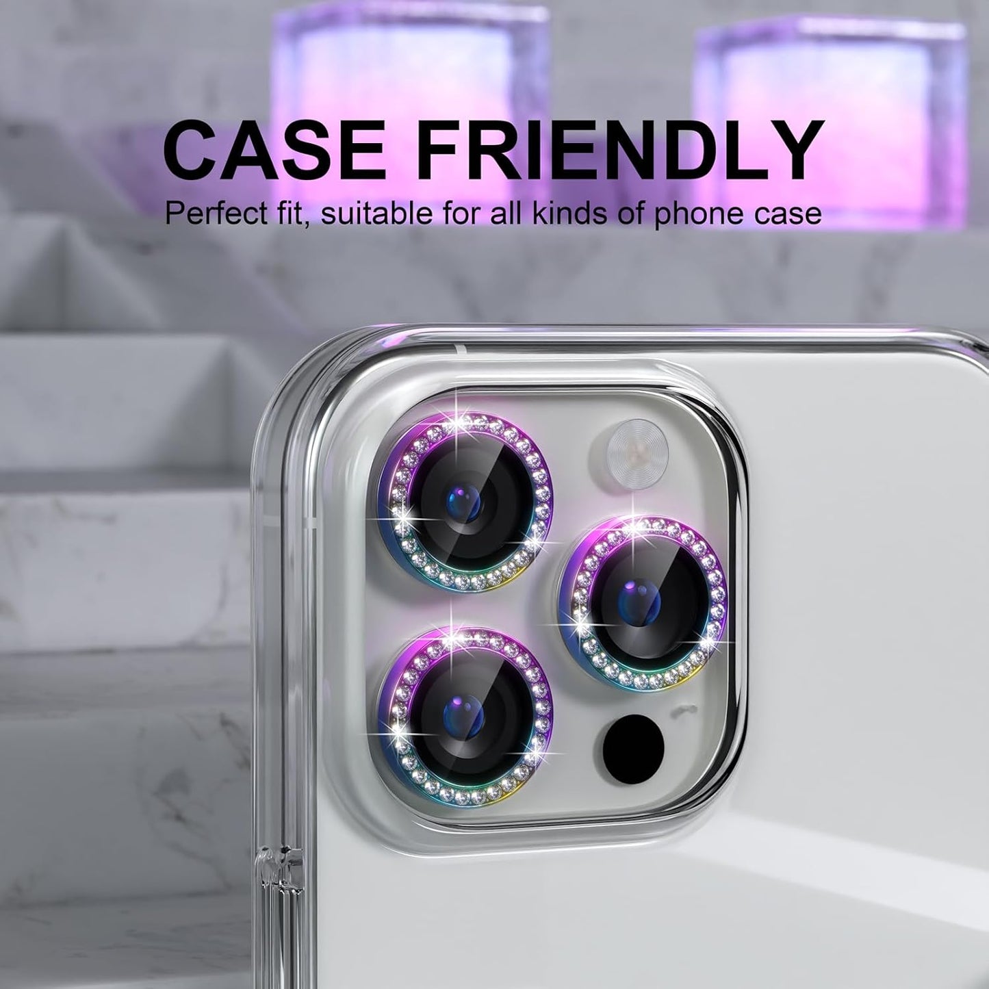 Choiche Compatible for iPhone 16 Pro/iPhone 16 Pro Max Camera Lens Protector Bling, 9H Tempered Glass Camera Cover Screen Protector Metal Ring Decoration Accessories (Diamond-Colorful)