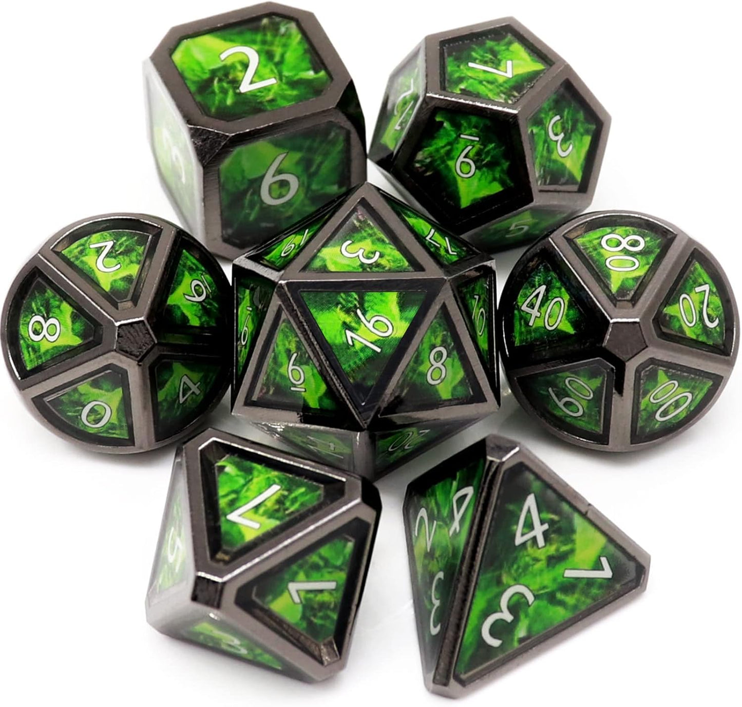 Haxtec Metal Dice Set D&D Acid Splash Real Scene Black Green Polyhedral DND Dice W/PU Leather Dragon Eye Dice Bag for TTRPG Compatible with Dungeons and Dragons Gifts