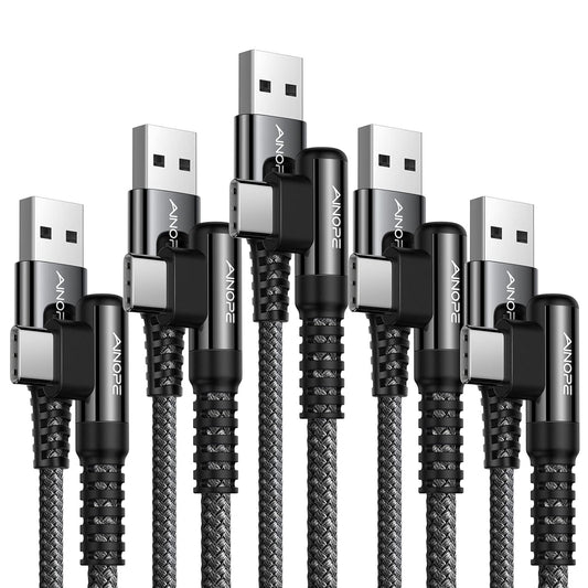 AINOPE USB Type C Cable 5-Pack [10/6.6/6.6/3.3/1.6ft] 3.1A C Type Charging Cable Right Angle, Nylon Braided USB C Cable Compatible with Galaxy S22 S20 Plus, Note 20, LG V20, Type C Charger Black